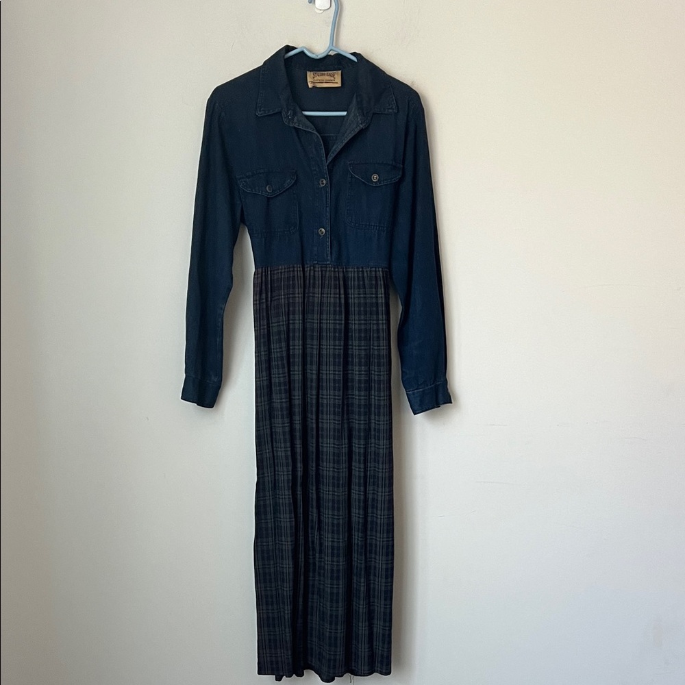 90s Studio Ease Cottagecore Vintage Denim Plaid Maxi Dress Long Sleeve Sz 10 ♦️